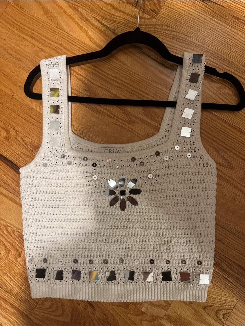 J. Crew Cream Crochet Tank with Mirror Sequin Accents